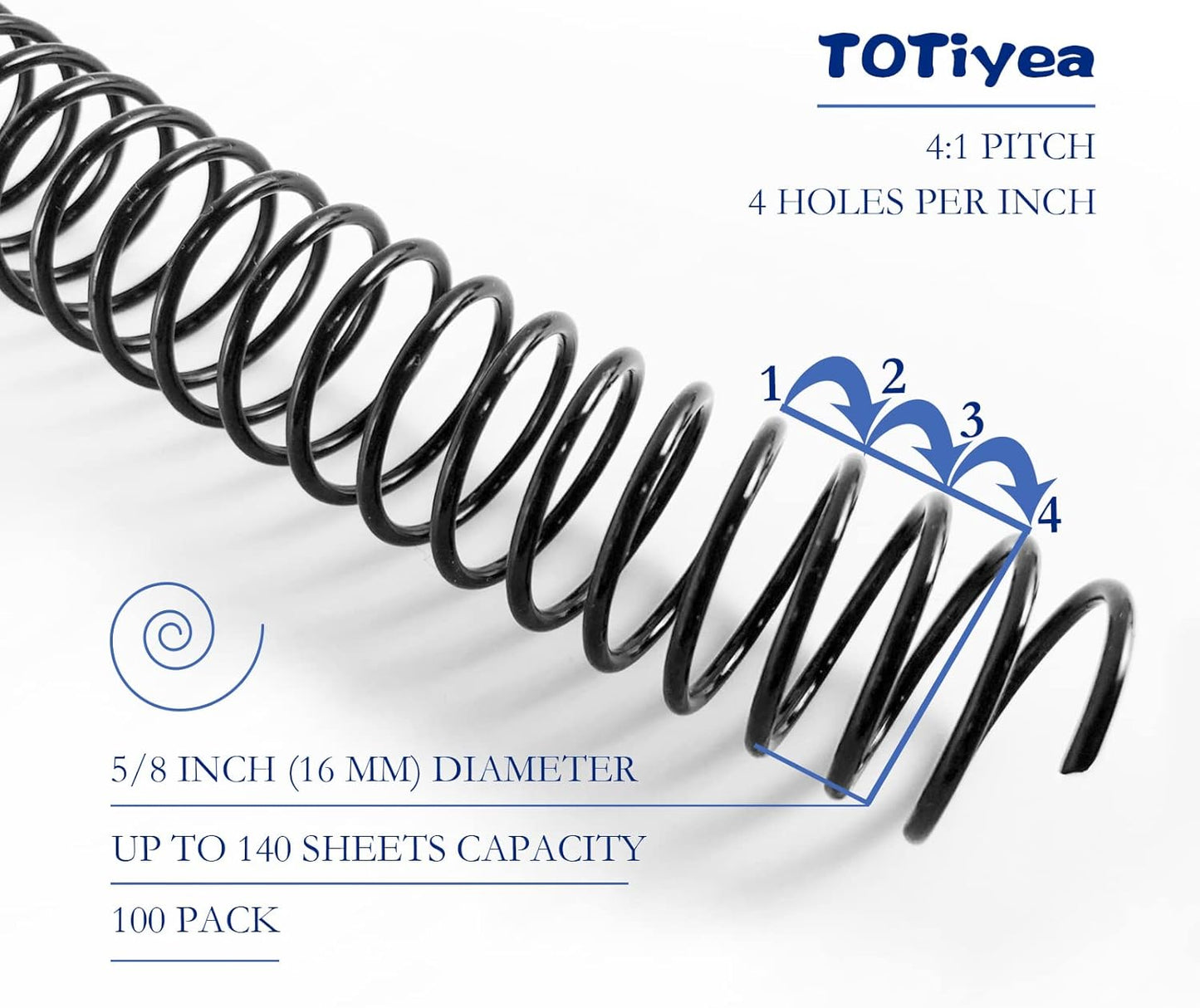 TOTiyea 100 Pack Plastic Spiral Binding Coils,16mm(5/8") Binding Spirals,140 Sheet Capacity,4:1 Pitch, Black