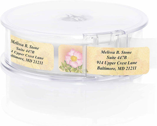 Antique Floral Designer Assorted Rolled Address Labels with Elegant Plastic Dispenser