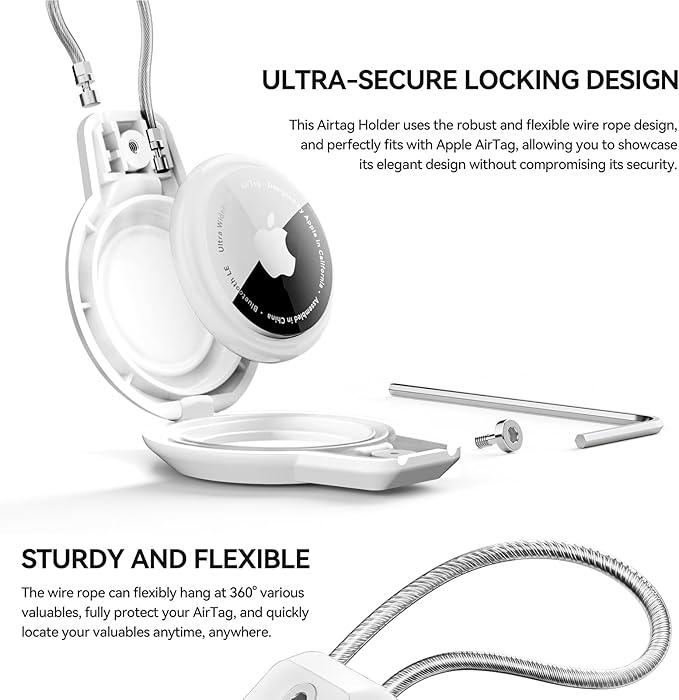 Gitfos AirTag Holder - Waterproof AirTag Keychain Holder for Apple AirTag, 360° Secure AirTag Case with Metal Cable, AirTag Accessories, Airtag Holder for Luggage, Backpack, Key, Pet, White.