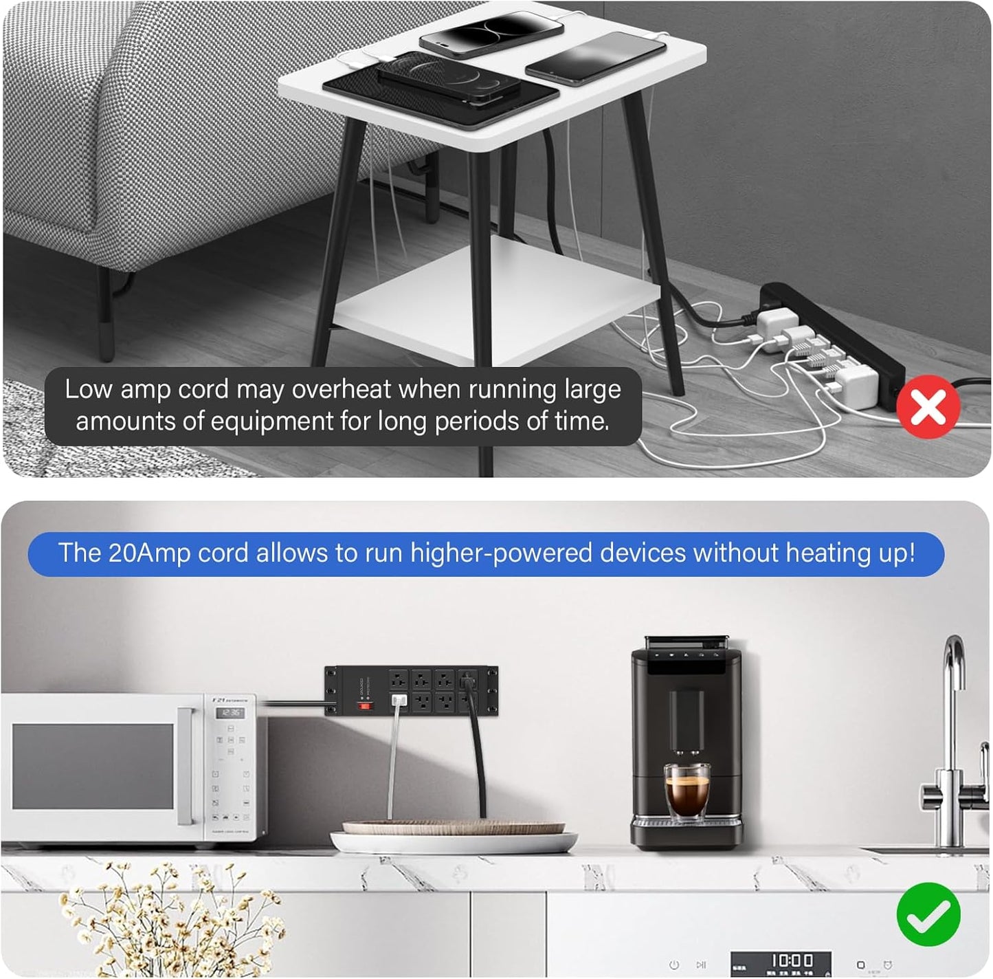 CCCEI Magnetic Heavy Duty Power Strip Surge Protector 20Amp, 12 Gauge High Amp Extension Outlets, Garage Wall Mount 8 Plug Metal Power Strip. 10FT, Black, 5-15P Adapter 6-20R T-Slot 20a for Appliance