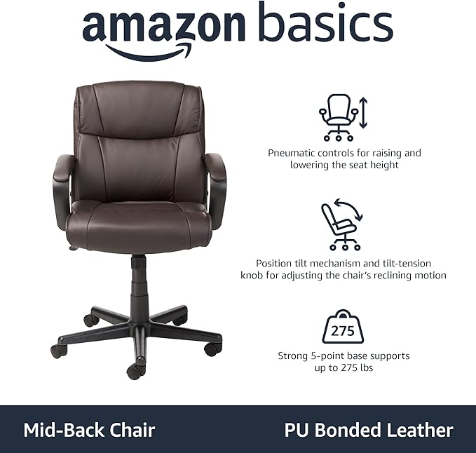 Amazon Basics Office Computer Task Desk Chair with Padded Armrests, Mid-Back, Adjustable, 360 Swivel, Rolling, 275 Pound Capacity, 24"D x 24.2"W x 34.8"H, BIFMA Certified, Dark Brown Faux Leather