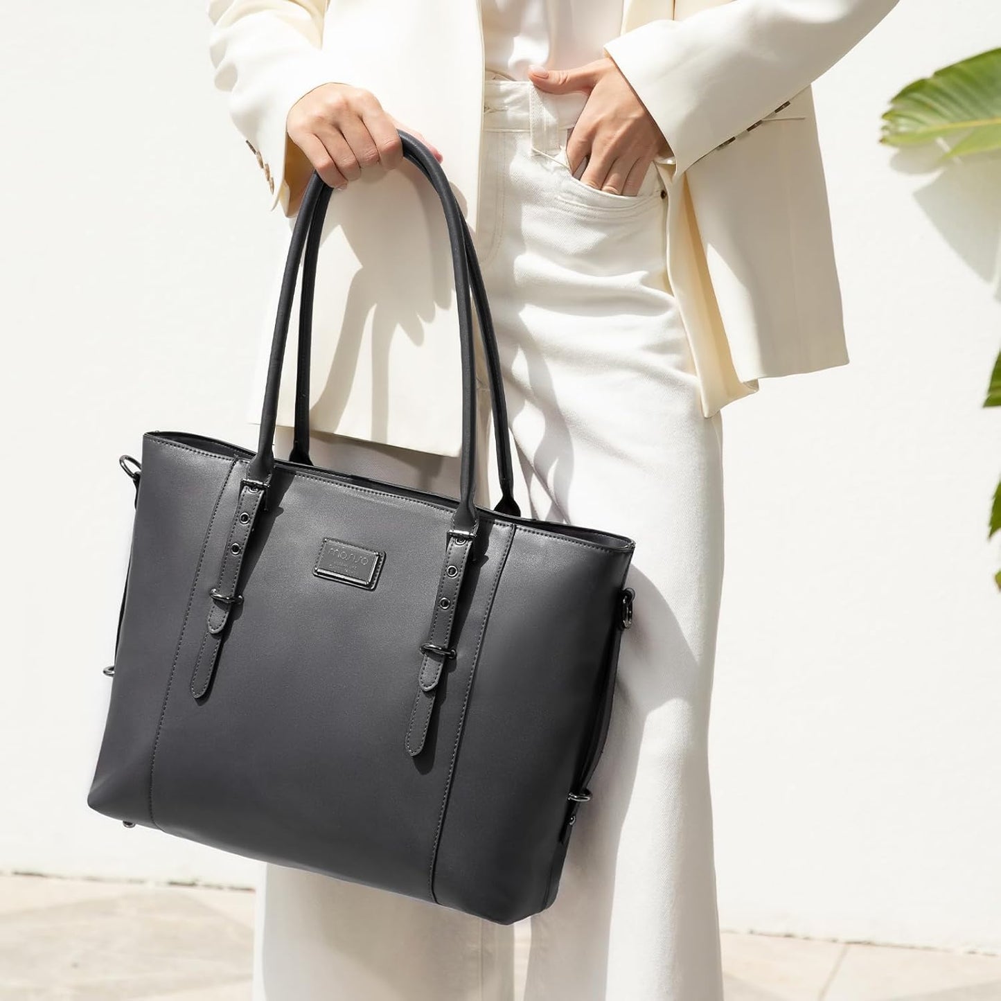 MOSISO PU Leather Laptop Tote Bag for Women, Waterproof Large Capacity Business Work Briefcase Shoulder Laptop Bag