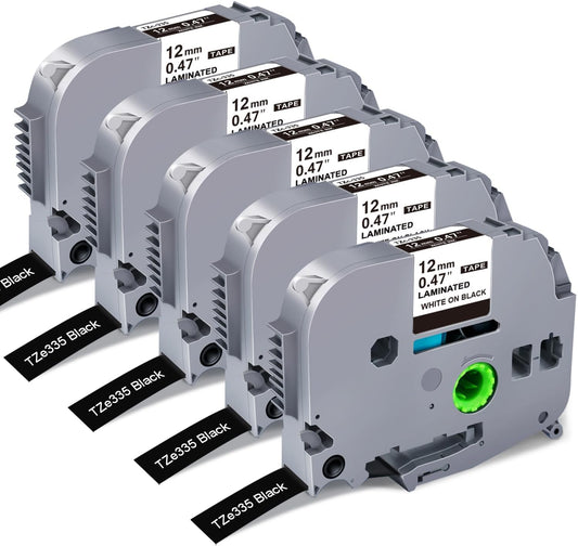 RAEMALL Replacement for Brother TZe-335 TZ-335 Laminated P Touch Label Tape 12mm 0.47 Inch White on Black Label Maker Tape for Brother PT-D210 H110 D220 D410, 5 Pack