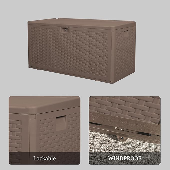 73 Gallon Pro Outdoor Storage Box Waterproof Lockable Resin Deck Box Large, Patio Storage Bin for Pool Accessories Cushion Furniture, Garden Tools, UV-Resistant Outside Delivery Brown