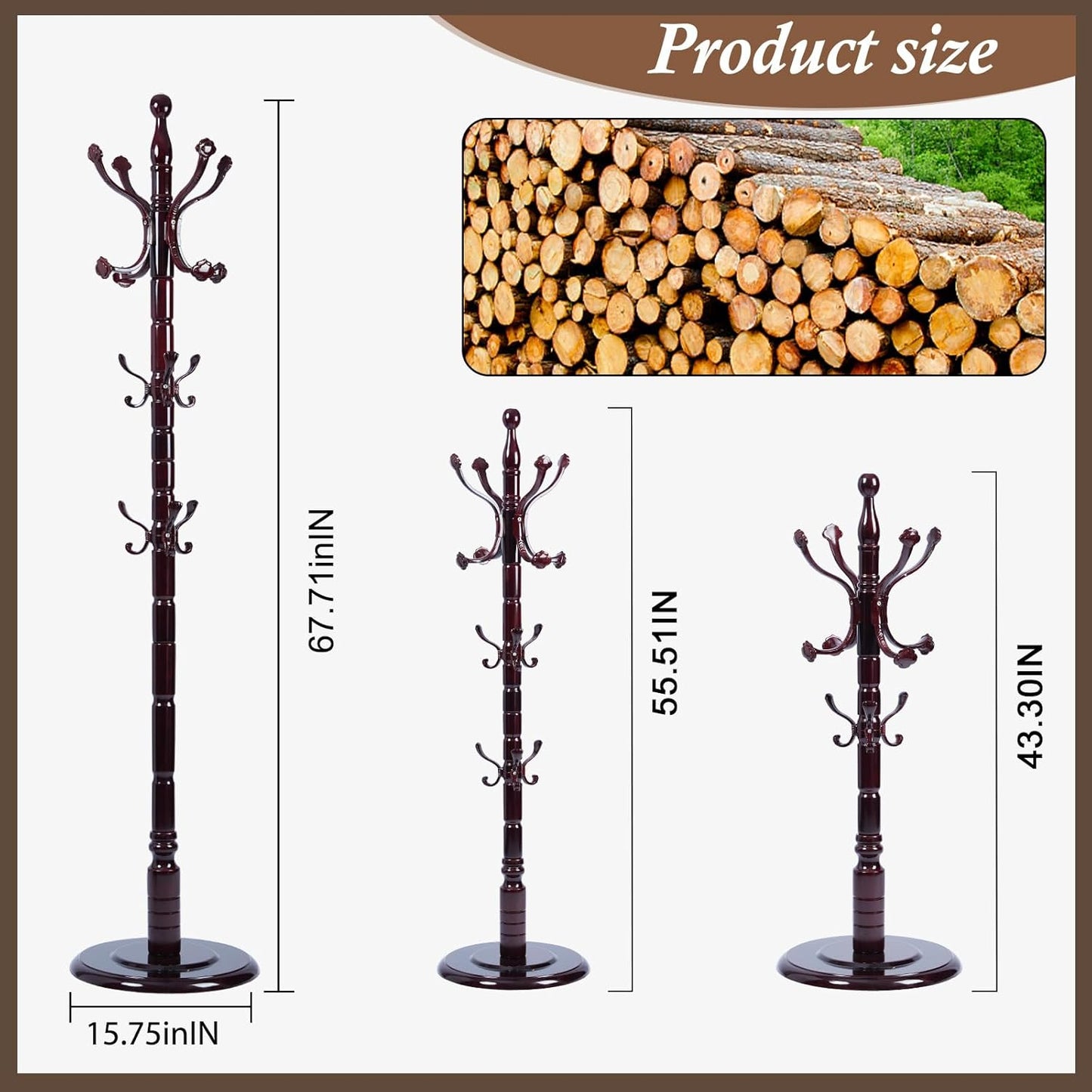 Wooden Coat Rack Freestanding, Vintage Coat Racks with Sturdy Round Base, Adjustable Height 37.40"-72.83" Entrance Coat Rack for Bedroom Living Room Entryway (Rosewood Ruyi Hook)