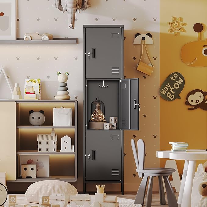 Aobabo 16" W 3 Door Metal Storage Locker with Lock, 66" H Steel Locker with Name Card Holder and Metal Hook for School, Home, Office, Playroom, Assembly Required, Black