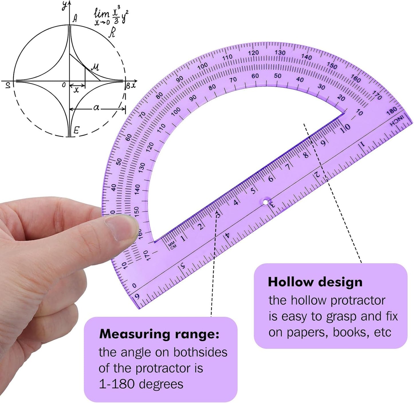 Zonon 2 Pcs 6 Inch Plastic Protractor Math Protractors 180 Degrees Angle Measurement, Translucent for Geometry Classroom Kid Student School Office Supplies(Purple)