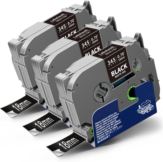 18mm 0.7" Laminated White on Black Compatible with P Touch Label Tape TZe-345 TZ345 TZe345 for Ptouch PT-D410 PT-D400 PT-D600 Label Maker, 3/4 Inch x 26.2 Feet, 3-Pack