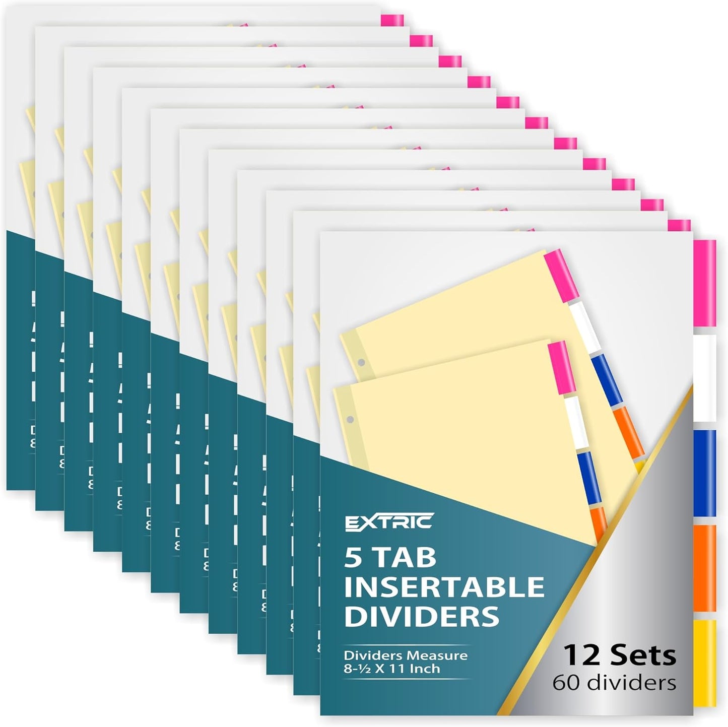 5-Tab Binder Dividers for 3 Ring Binder, Insertable Multicolor Big Tabs, Letter Size Paper Divider, 8.5 x 11 inch, 12 Sets (60 Dividers Total)