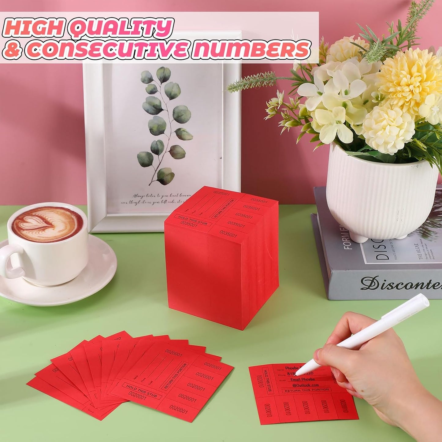 Kosiz 1000 Sheet 5 Bid Raffle Tickets Chinese Auction Tickets Sheets Auction Fundraiser Ticket Numbered with Name and Phone Number Per Sheet Raffle Tags for Silent Auction(Red)