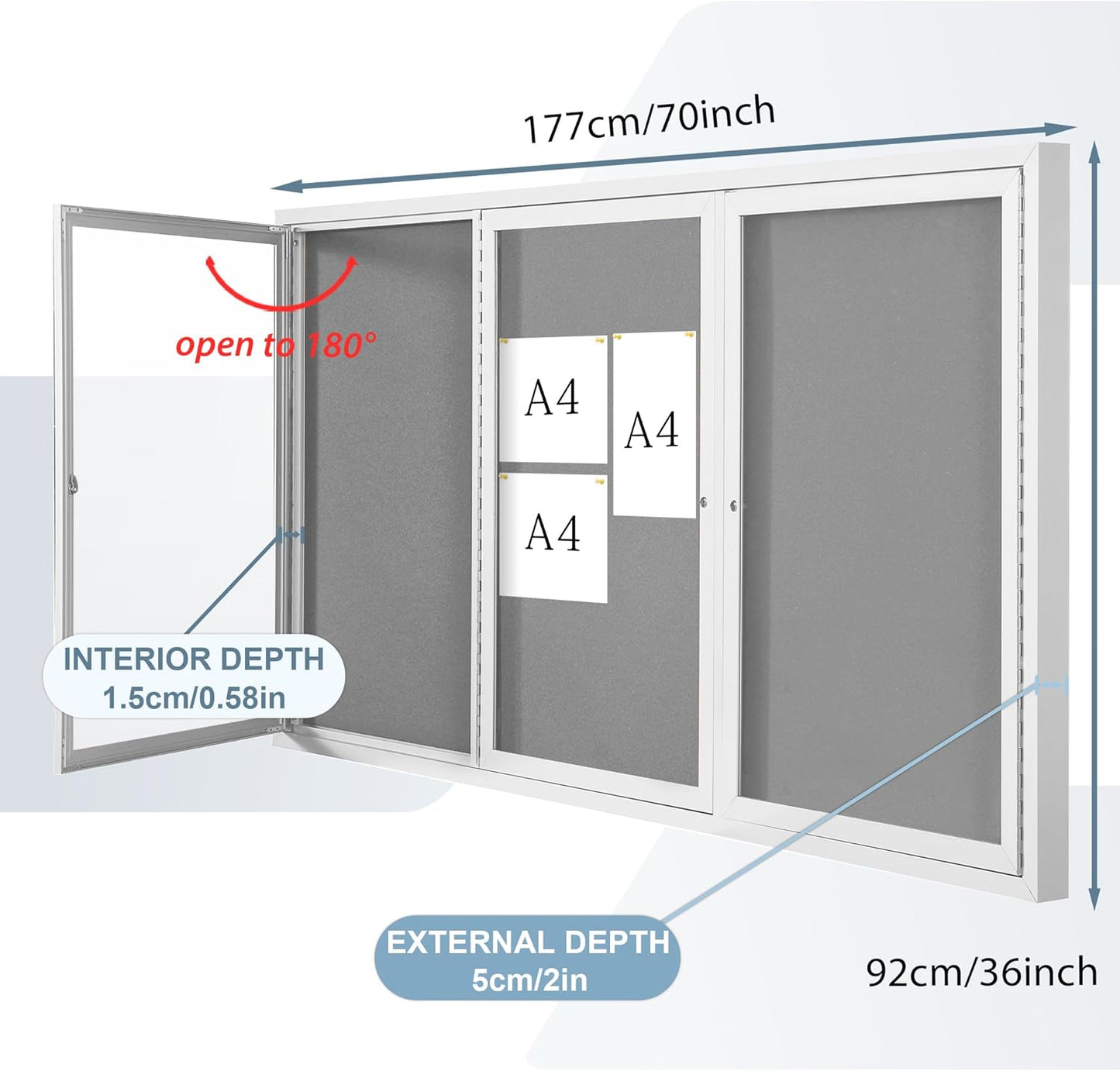 Outdoor Bulletin Board Weatherproof 72x36 in,Enclosed Bulletin Board with Locking Door, Wall Display Case for Office School Home Commercial, Silver Aluminum Frame, Gery Felt