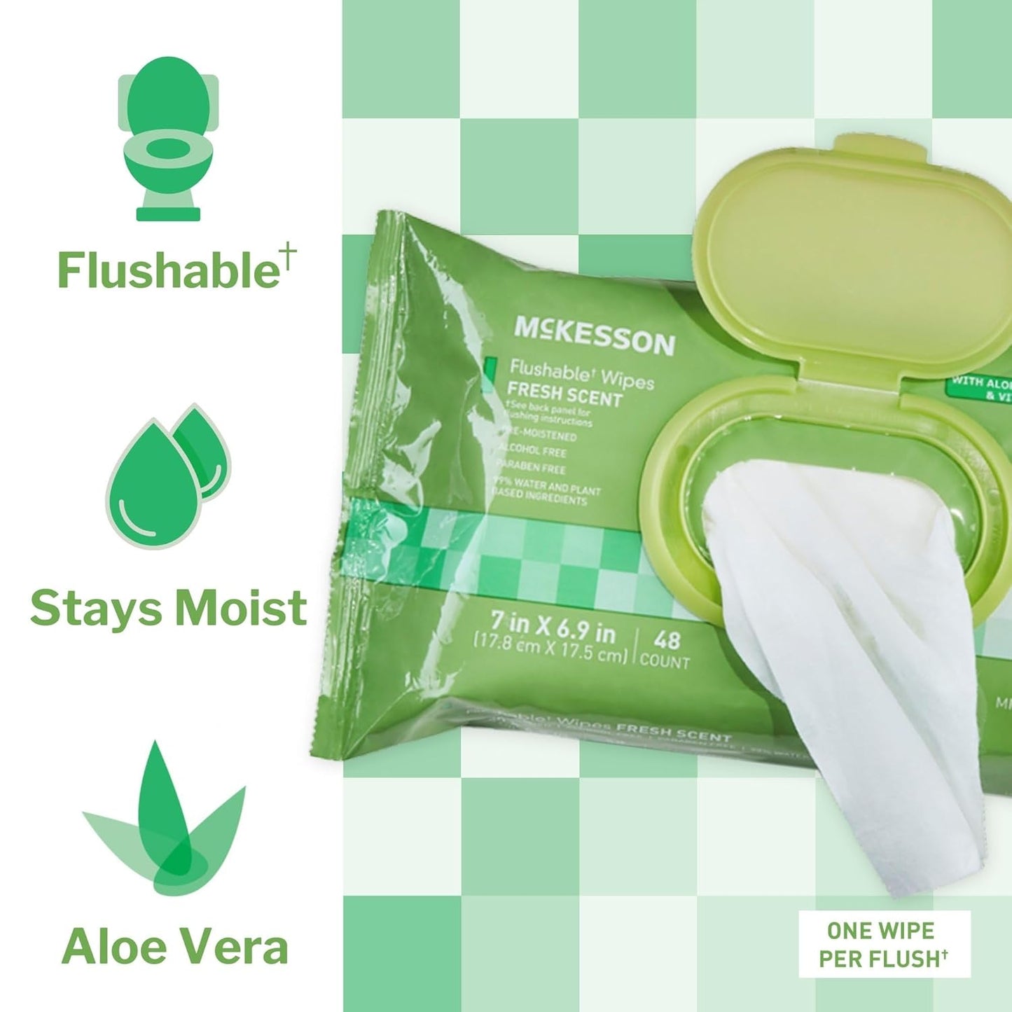 McKesson Flushable* Adult Wet Wipes – 576 Wipes (12 Pack of 48) – Aloe & Vitamin E, Plant-Based Cleansing Wipes, Scented