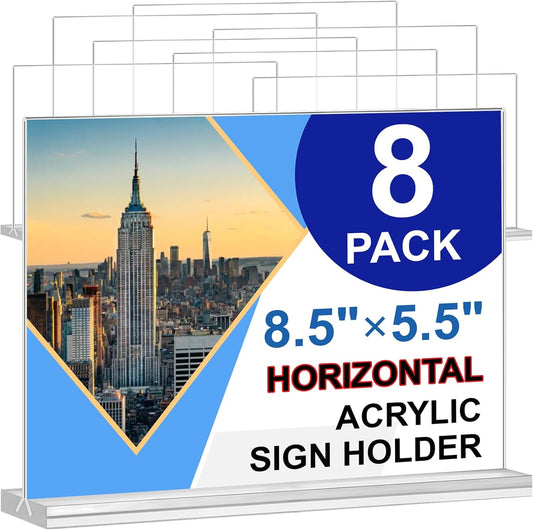Acrylic Sign Holder 8.5 x 5.5 Horizontal, 8Pack Double-Sided Standup Table Top Clear Sign Holders, T Shape Plastic Acrylic Picture Frame Menu Flyer Paper Holder Display Stands for Office Store Wedding