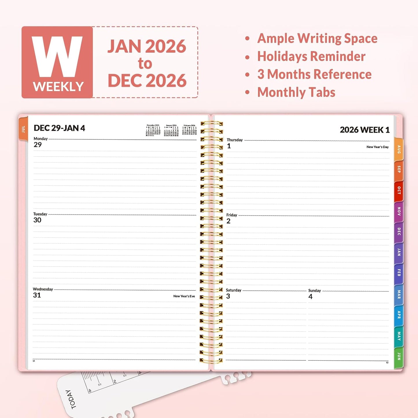 SUNEE 2026 Weekly and Monthly Planner - from January 2026 - December 2026, 8.5"x11" Daily Agenda Planner with Monthly Tab, Flexible Cover, Note Pages, Pockets, Bookmark, Spiral Binding, Pink