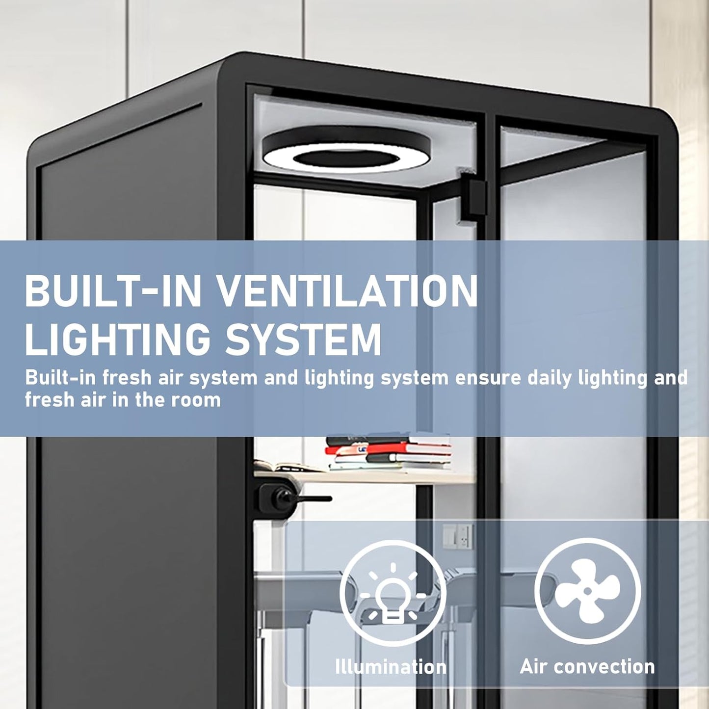 Office Sound Booth with Audio Privacy - Modern Soundproof Booth Includes Black Frame Design,Simple Soundproof Room with Light, Socket,Casters for Office,Negotiation (59.05IN)