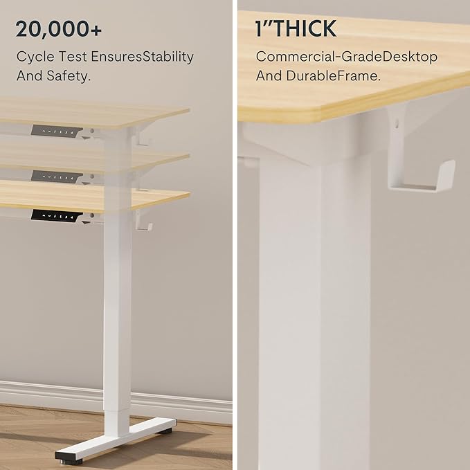 FLEXISPOT EN1 One-Piece Standing Desk 48 x 30 Inch Electric Height Adjustable Desk for Home Office and Computer Workstation (White Frame + Maple Top, 2 Packages)