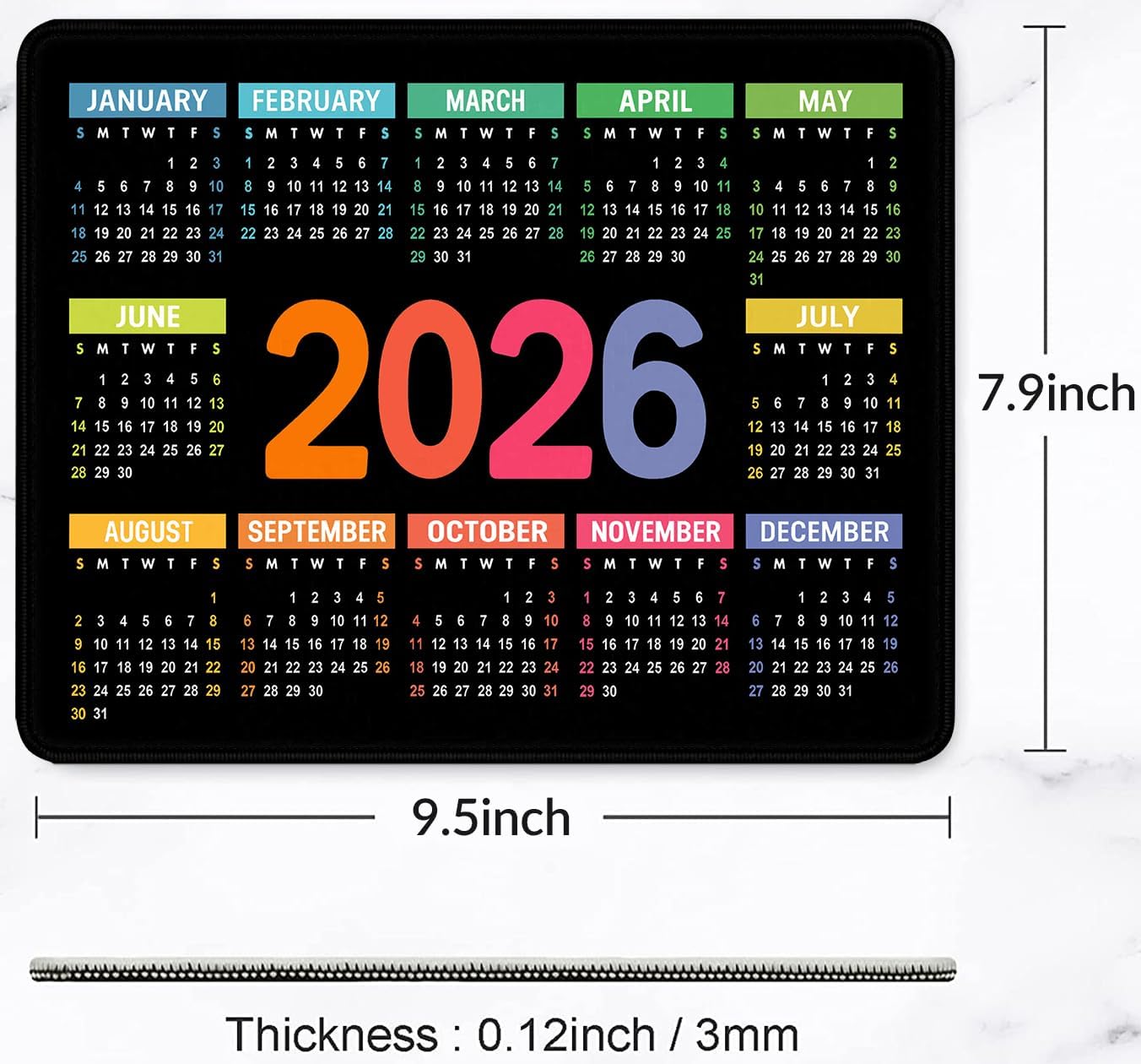 2026 Calendar Mouse pad, Gaming Stitched Edge Computer Accessory Mouse Pad, Rectangular Anti Slip Chloroprene Rubber Mouse Pad for Office and Home Use (Black Calendar Mouse Pad)
