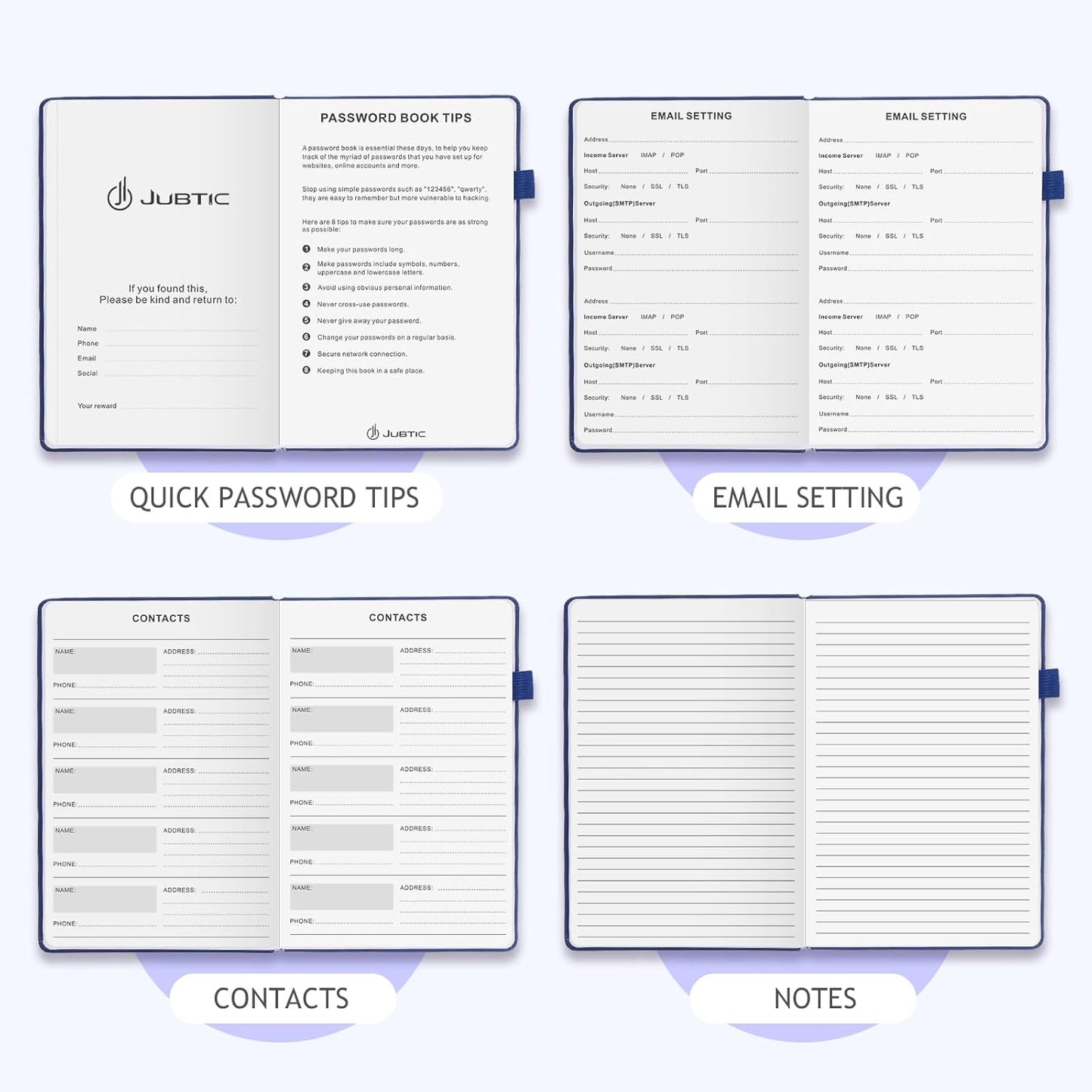 JUBTIC Password Book with Individual Alphabetical Tabs, 7"x10" Internet Password Keeper Book for Seniors, Password Notebook and Organizer/Notes Section, Navy Blue