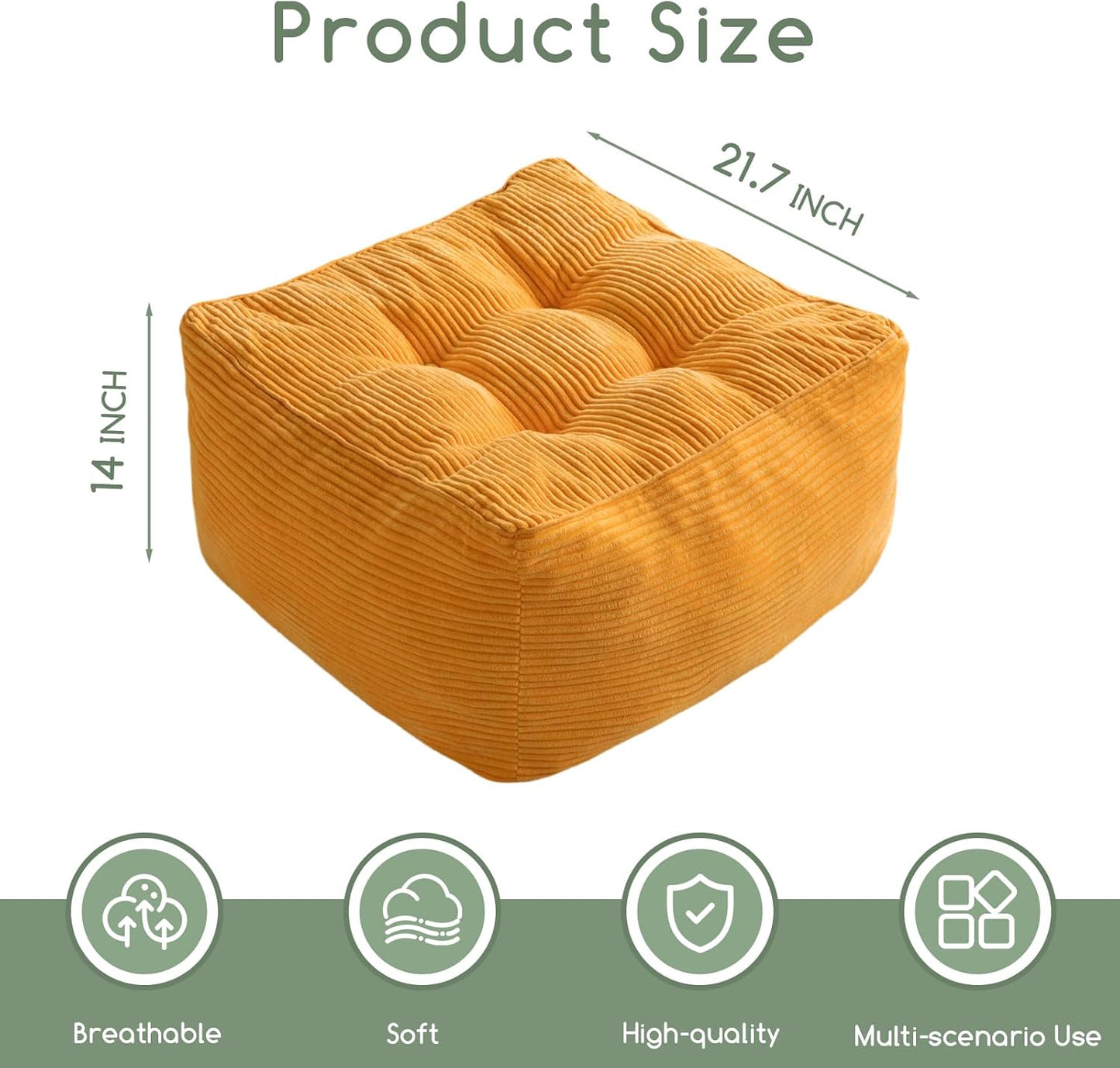 HIGOGOGO Square Stuffed Pouf Ottoman, Corduroy Poufs with Foam Chunk Filling, Furry and Fluffy Pouf Foot Stool Storage Ottoman, 21 X 21 Floor Poufs Foot Rest for Living Room, Orange