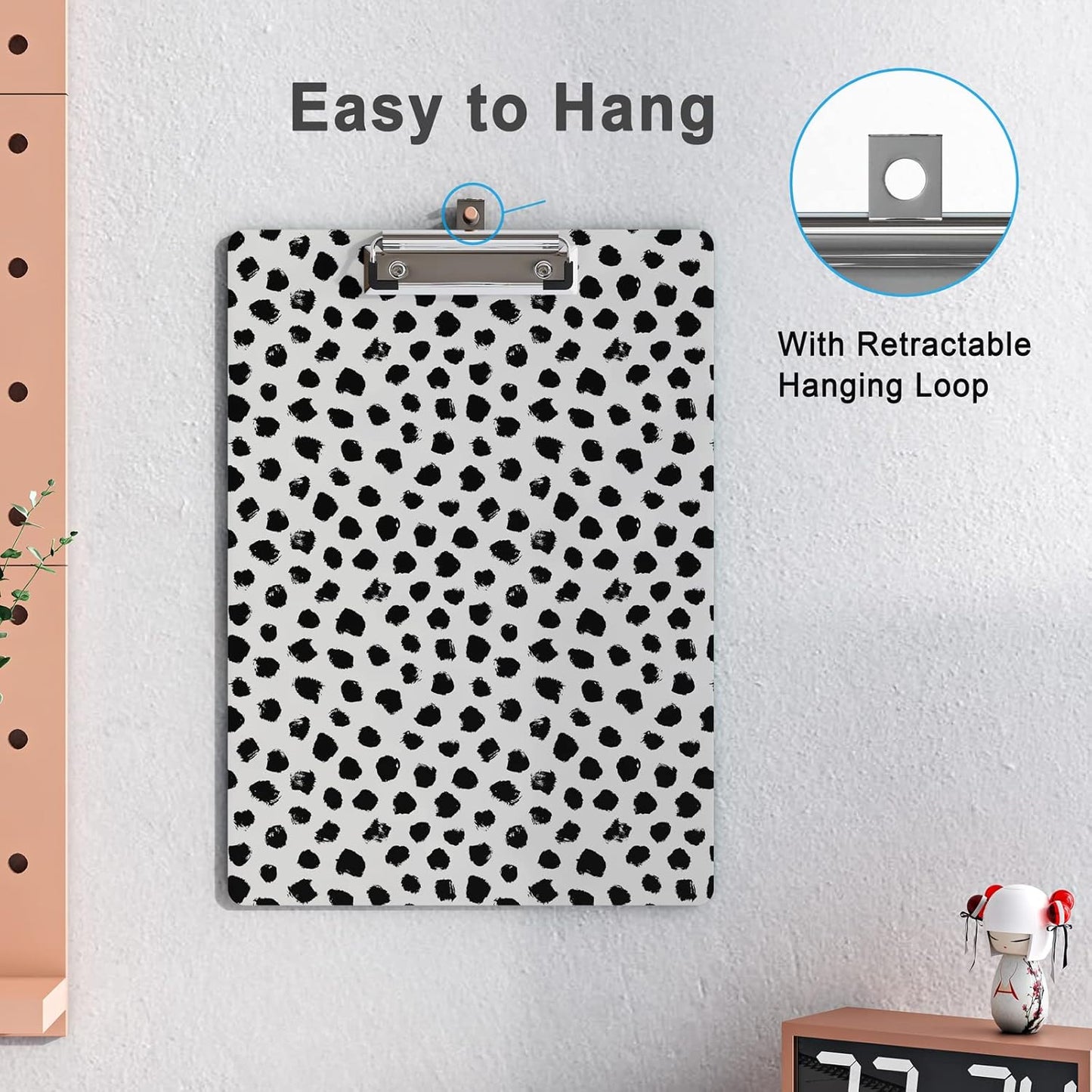 Cute Clipboard Wood Design Decorative A4 Letter Size Clip Boards for Classroom Office, Standard Size 9" x 12.5" with Low Profile Metal Clip - Black Dots