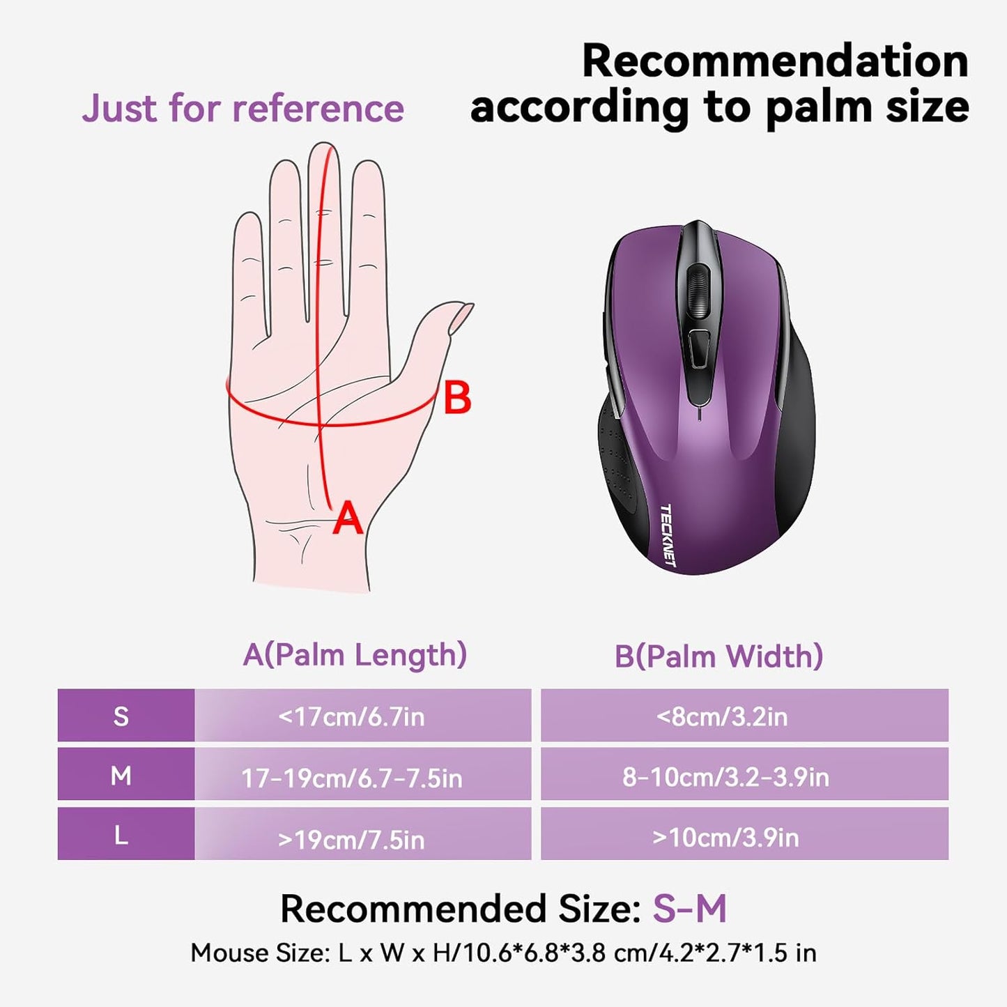 TECKNET Wireless Mouse (BT5.0/3.0 & 2.4G) Rechargeable 4800 DPI Silent USB A & Bluetooth Mouse 6 Buttons, Wide Compatibility - Purple
