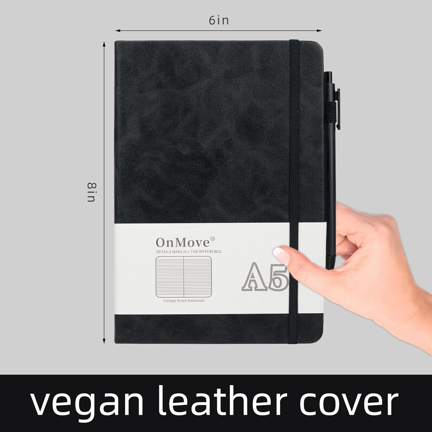 Notebooks Journal for Women Men 5 Pack Bulk Leather Hardcover with Pen Holder A5 160 Pages 100 GSM Thick Paper for Work School Lined Black