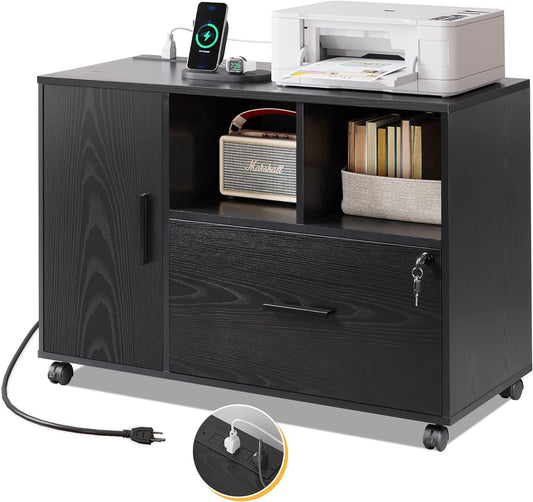 DEVAISE File Cabinet with Charging Station, 1-Drawer Lateral File Cabinets with Lock for Home Office, Wooden Rolling Printer Stand with Shelves, Black