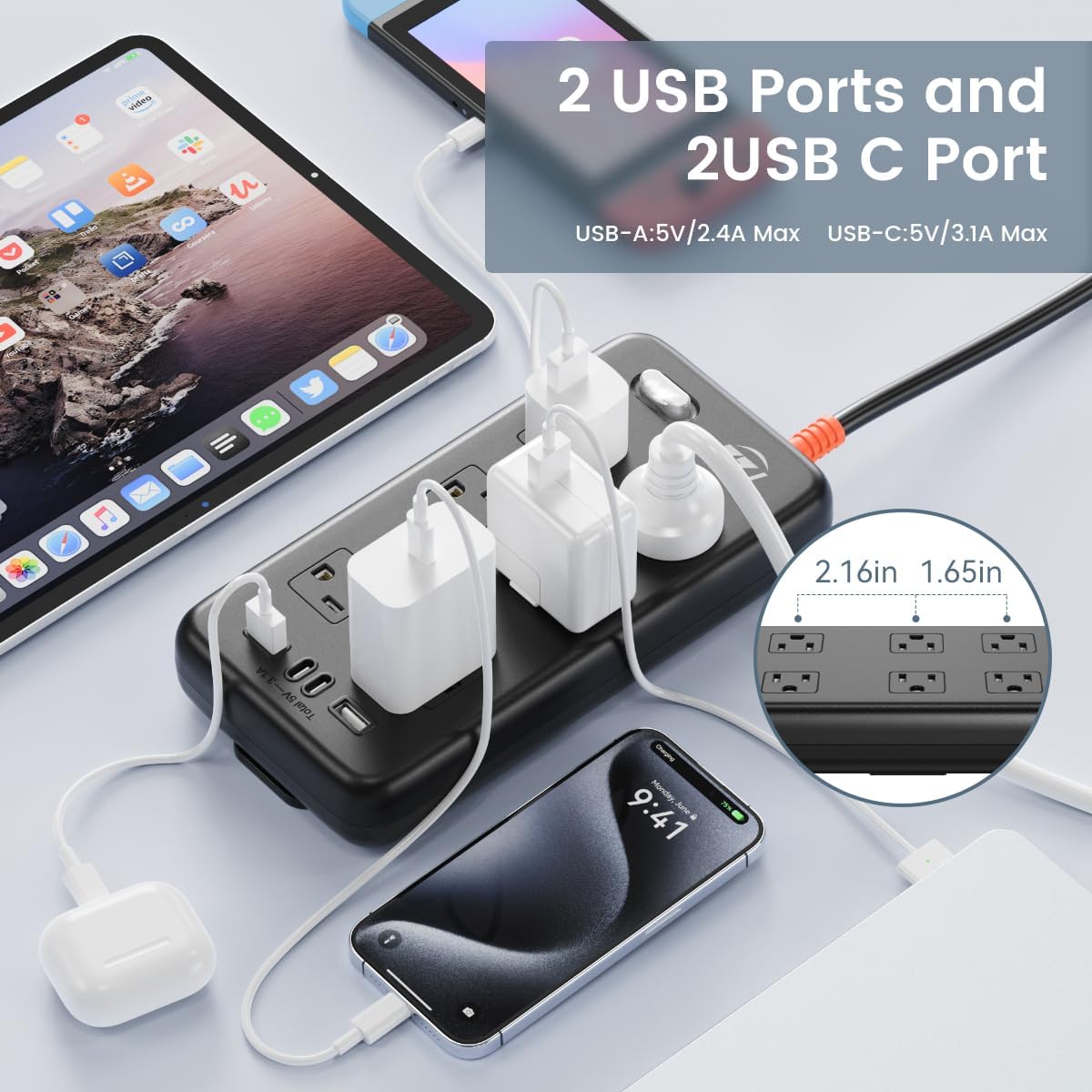 Power Strip Weatherproof, 10-in-1 Surge Protector with 6 Wide Outlets 2USB A and 2USB C,1875W/15A,10FT Flat Plug Multi-Plug Outdoor Extension Cord for Indoor Outdoor, UL FCC Listed