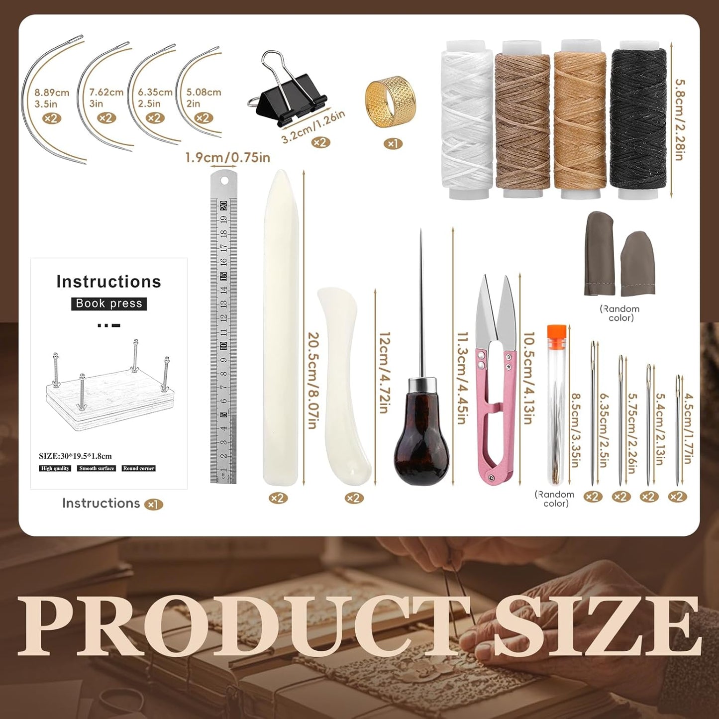 JUPEAN 34 Pcs Book Binding Kits, Book Press(11.81”x7.56”), Books Making Kit with Bone Folder Bookbinding Needles Waxed Threads Books Binding Awl, Bookbinding Tools for Beginners