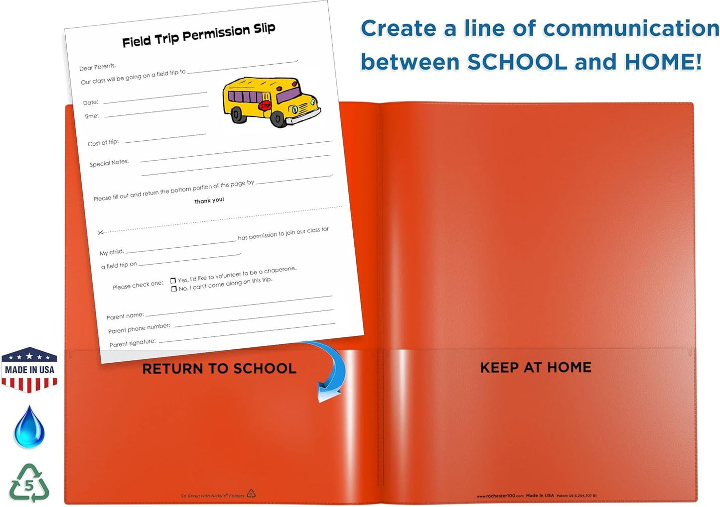 Nicky's Folder® English Communicator, Parent-Teacher Folder, Patented Tear-Resistant, Flexible Plastic, 2 Inside Pockets, 2 Exterior Sleeves, Letter Size Paper, Single Color (24 Pack) (Red)