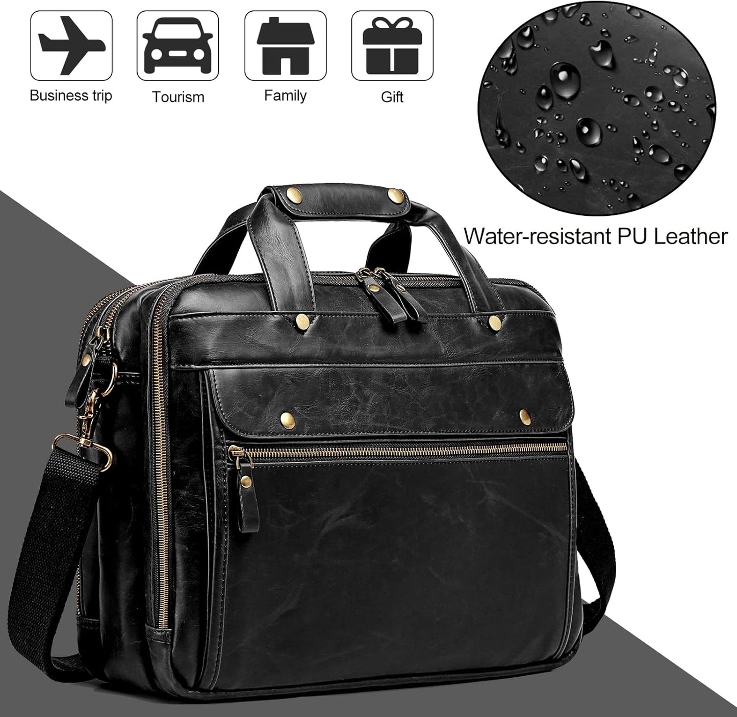 Leather Briefcases for Men 15.6 Inch Laptop Messenger Bag with Triple Compartments Water-Resistant Computer Shoulder Bag for Business, Travel, Work, Office, Black