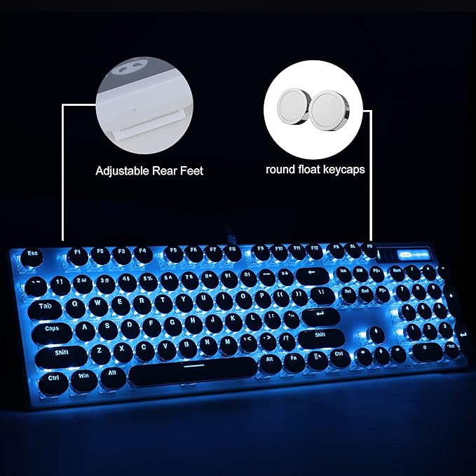 Camiysn Typewriter Style Mechanical Gaming Keyboard, White Retro Punk Gaming Keyboard with Blue Backlit, 104 Keys Blue Switch Wired Cute Keyboards, Round Keycaps for Windows/Mac/PC