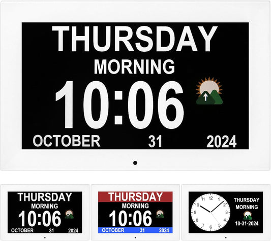 Large Digital Clock, Wall Clock with time, Digital Alarm Clocks for Elderly, Dementia Clock That Provides Alarms and electronicl Calendar for Seniors.(White, 10.1 inches)