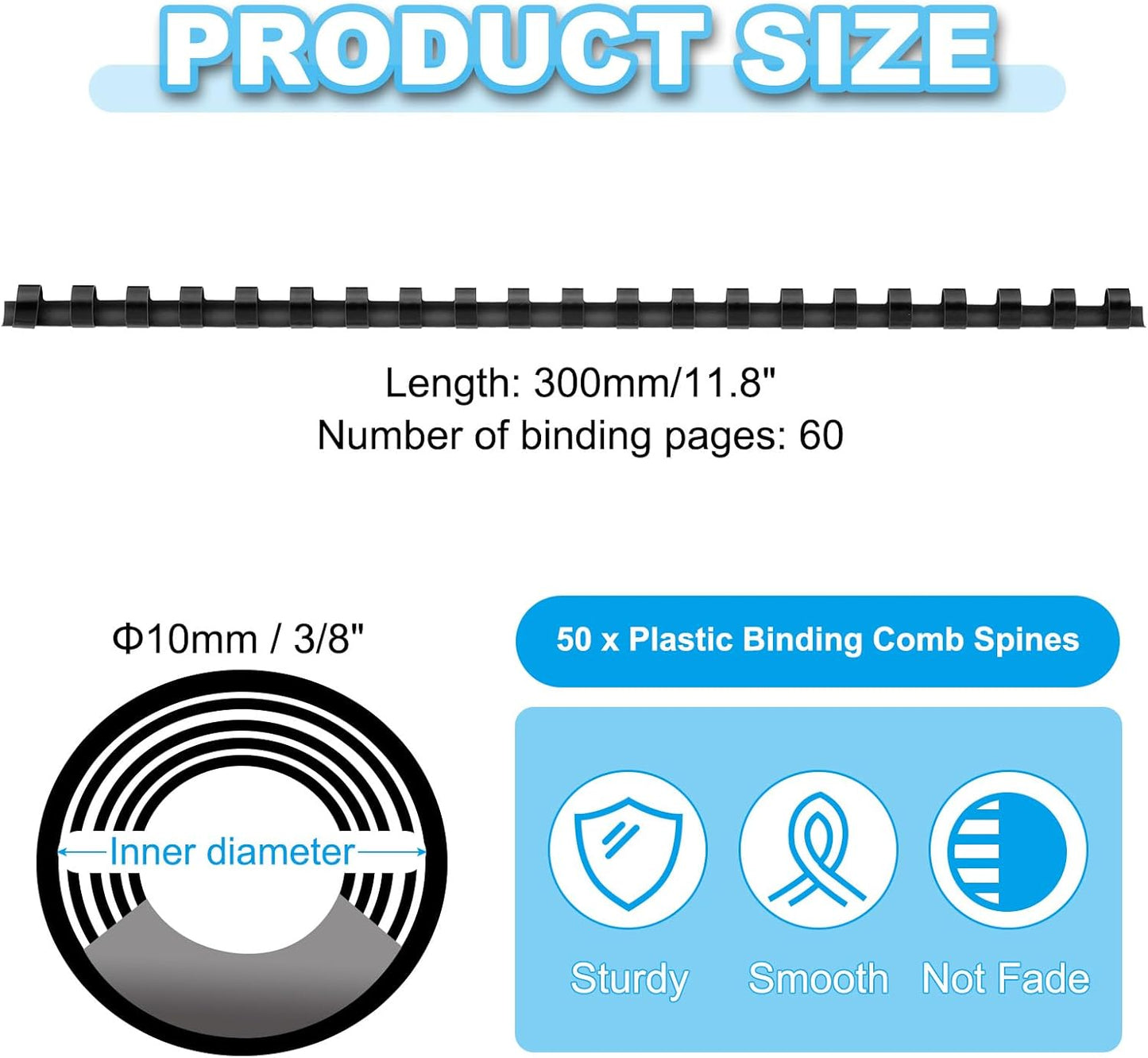 PATIKIL 10mm (3/8") Plastic Binding Combs, 50 Pcs 21 Rings Comb Binding Spines 60 Sheet Capacity Letter Size for Binding Paper Sheets, Black