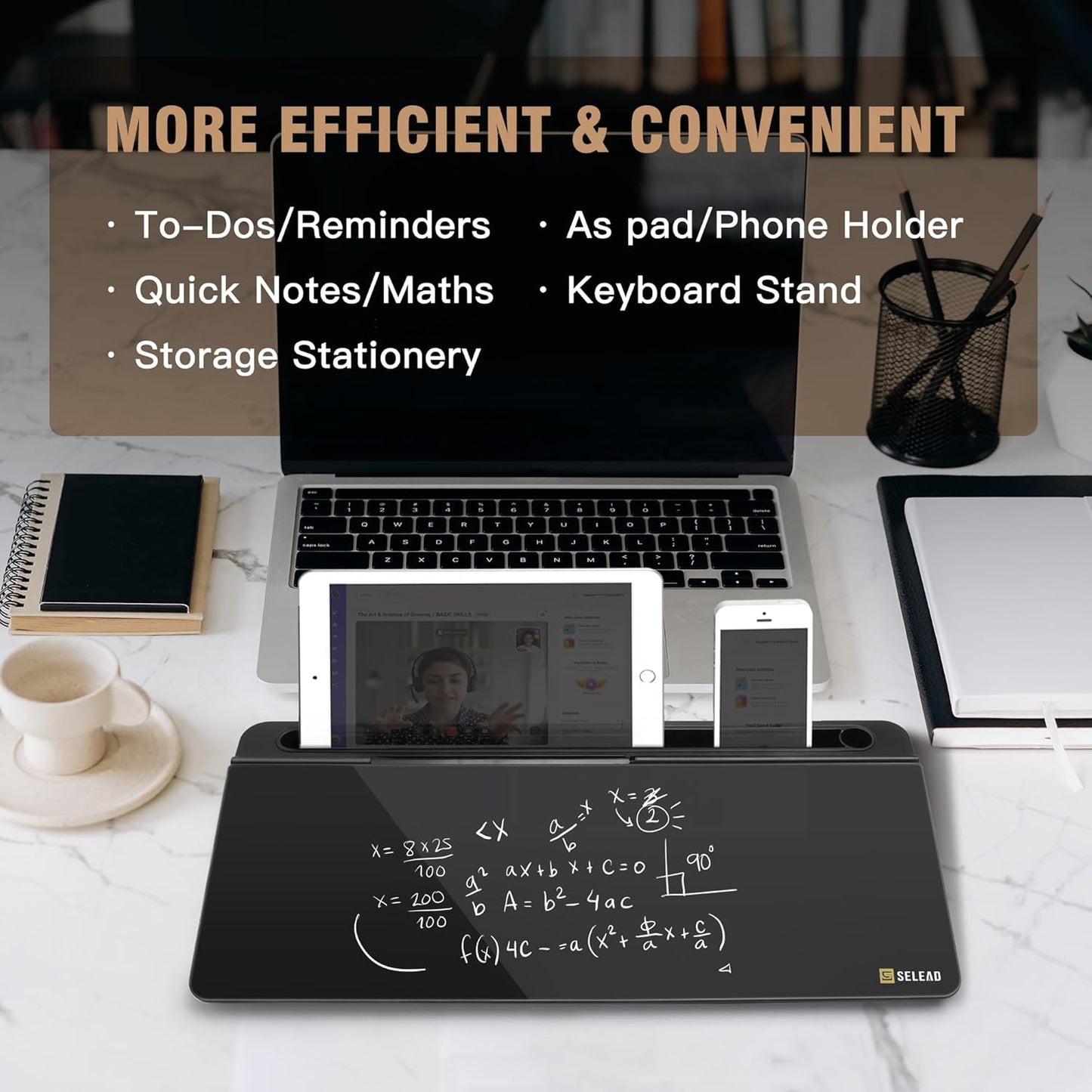 SELEAD Desktop Glass Whiteboard with Organizer, Markers, Eraser - Dry Erase Board Computer Pad Keyboard Stand with Drawer and Holder for Home, School, Office - Black