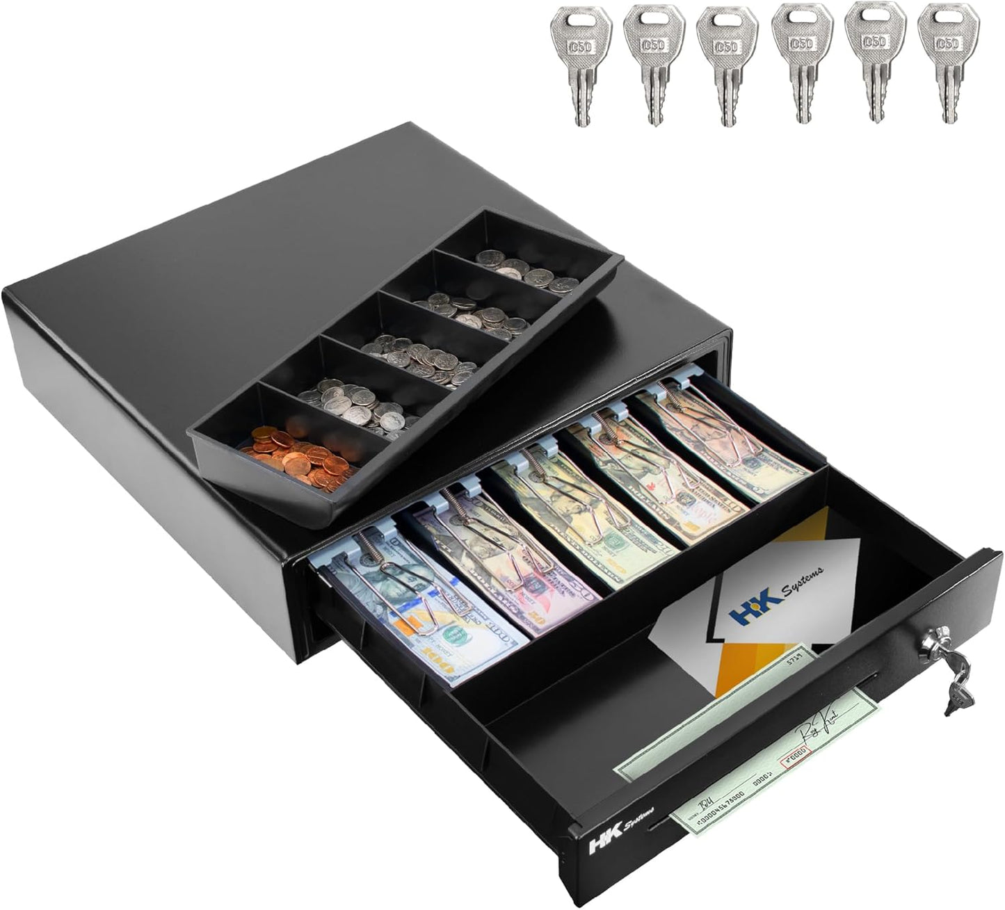 HK SYSTEMS 16inch Heavy Duty POS Cash Drawer with 5Bill/5Coin, Removable Coin Compartment, 24V, RJ11, Single Large Media Slot, Black