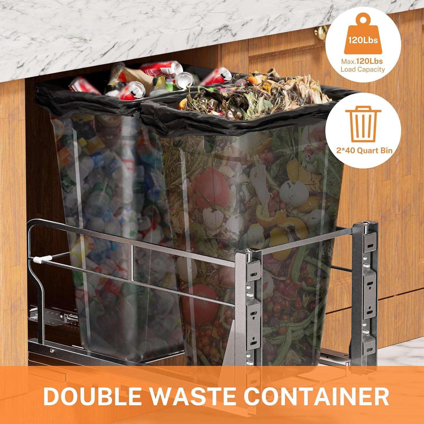 YJHome Pull Out Trash Can Under Cabinet with 2 * 10Gal Garbage, Cabinet Trash Can Pull Out Kit with Soft-Close Slides, Under Sink Trash Can with Door Mounting Kit for Minimum Opening 18" W