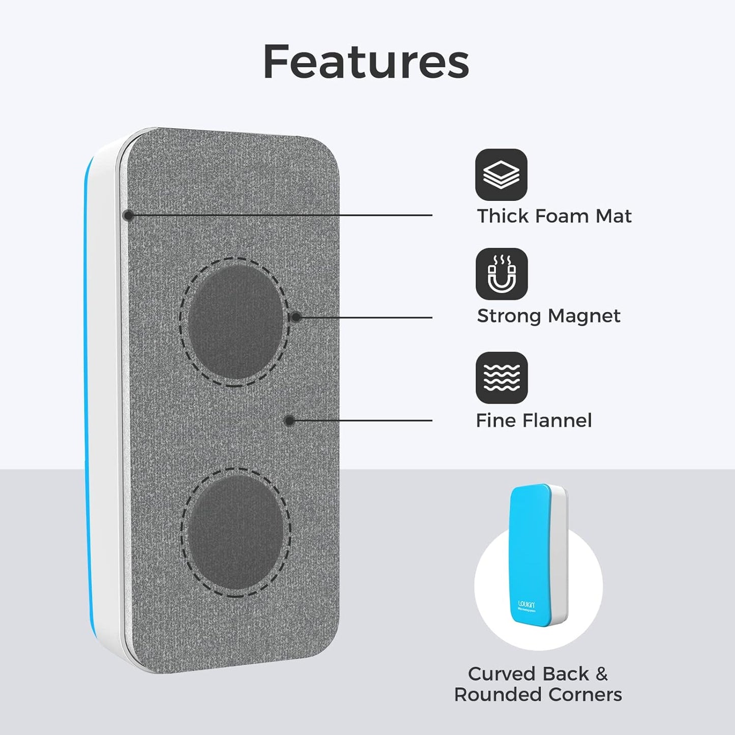 loukin Magnetic Dry Erase Eraser, Whiteboard Eraser, Glass Board Remover, 3.4 fl oz Whiteboard Cleaner Included, for Classroom, Home and Office Use (Blue)