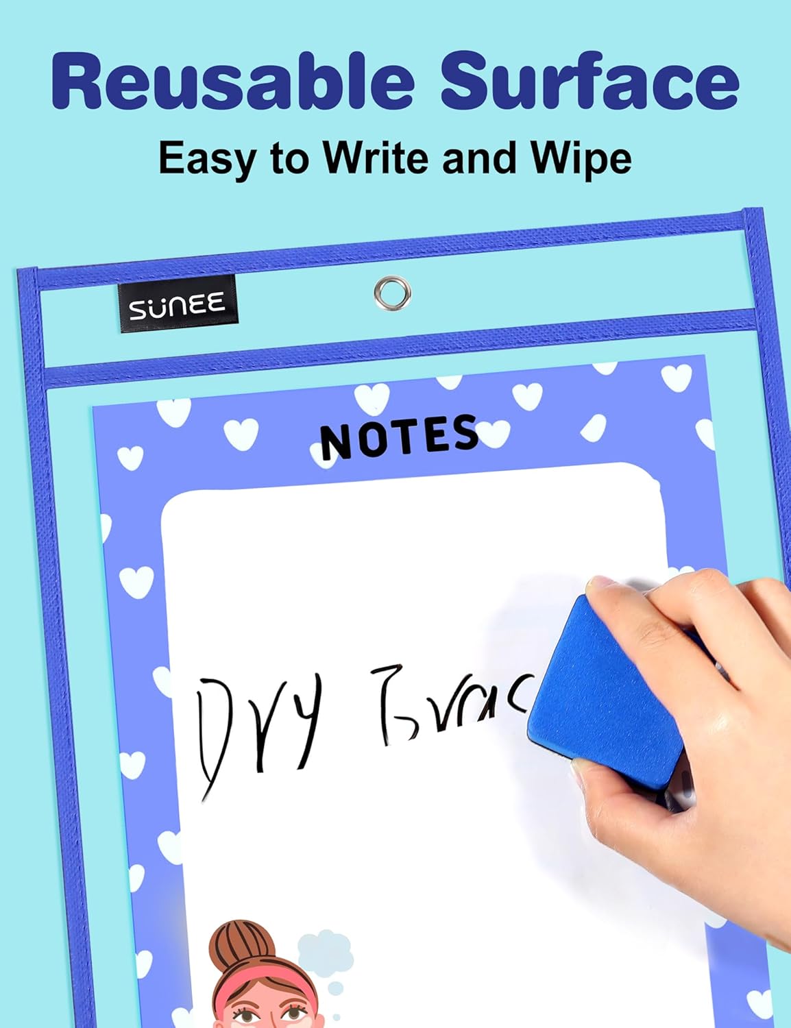 SUNEE 6 Packs Oversized Reusable Dry Erase Pocket Sleeves with Binder Ring, 6 Assorted Colors 10x14 Ticket Holders, Clear Plastic Sheet Protectors, Teacher School Classroom Supplies