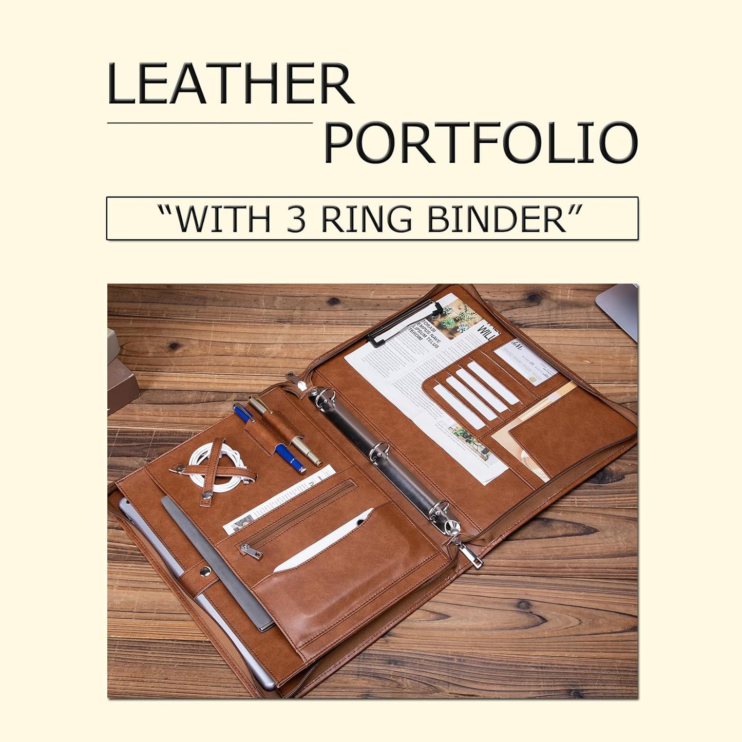 Personalized Vegan Leather Portfolio 3 Ring Binder with Clipboard, Hidden Handle, Custom 8.5 x 11 Zip Padfolio, Business Professional Organizer for Men Women, Brown
