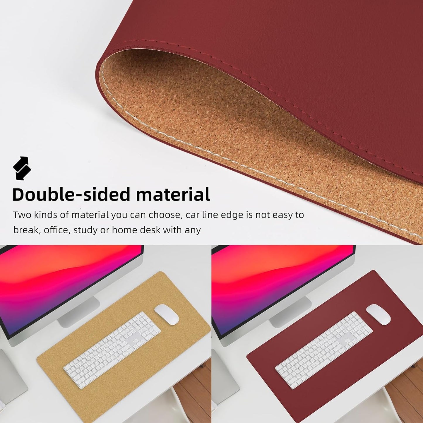 AFIING Leather Desk pad Protector, Large Desk mat with Natural Cork & PU Leather,Mouse pad,Non-Slip Office Desk Mat,Waterproof Desk Writing Pad for Office and Home (23.6in*13in, Red)