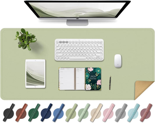 Large Desk Pad 35.4" x 17", Non-Slip Desk Mat with PU Leather & Natural Cork, Waterproof Writing Desk Natural Cork, Computer Mat Desk Protector for Office Home, Matcha
