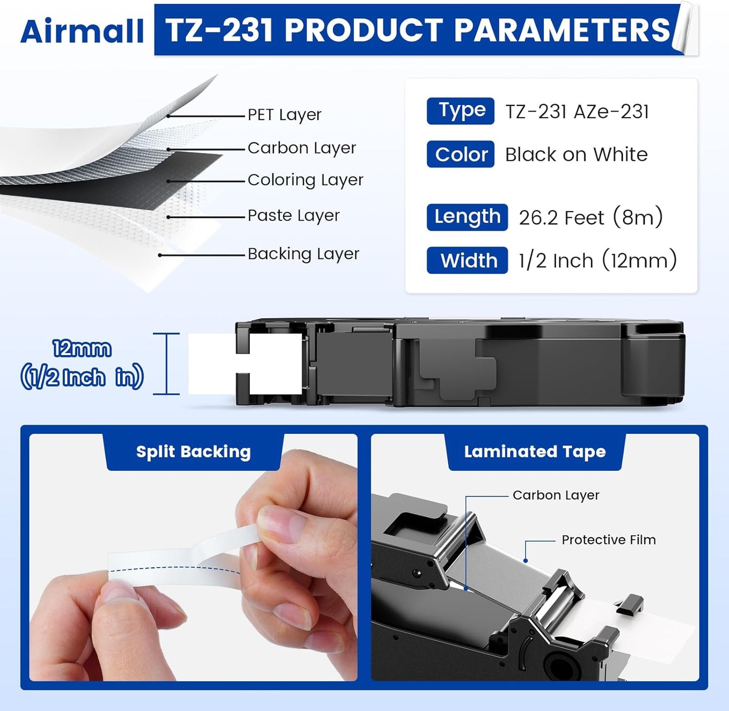 Airmall Tze 12mm 0.47 Laminated White Label Maker Tape Refill Compatible with Brother 12mm .47 Laminated White Tz Tape TZe-231 TZ-231 for PT-D200 D210 D220 H110 D410 P710BT 1750 1180, 20Pack