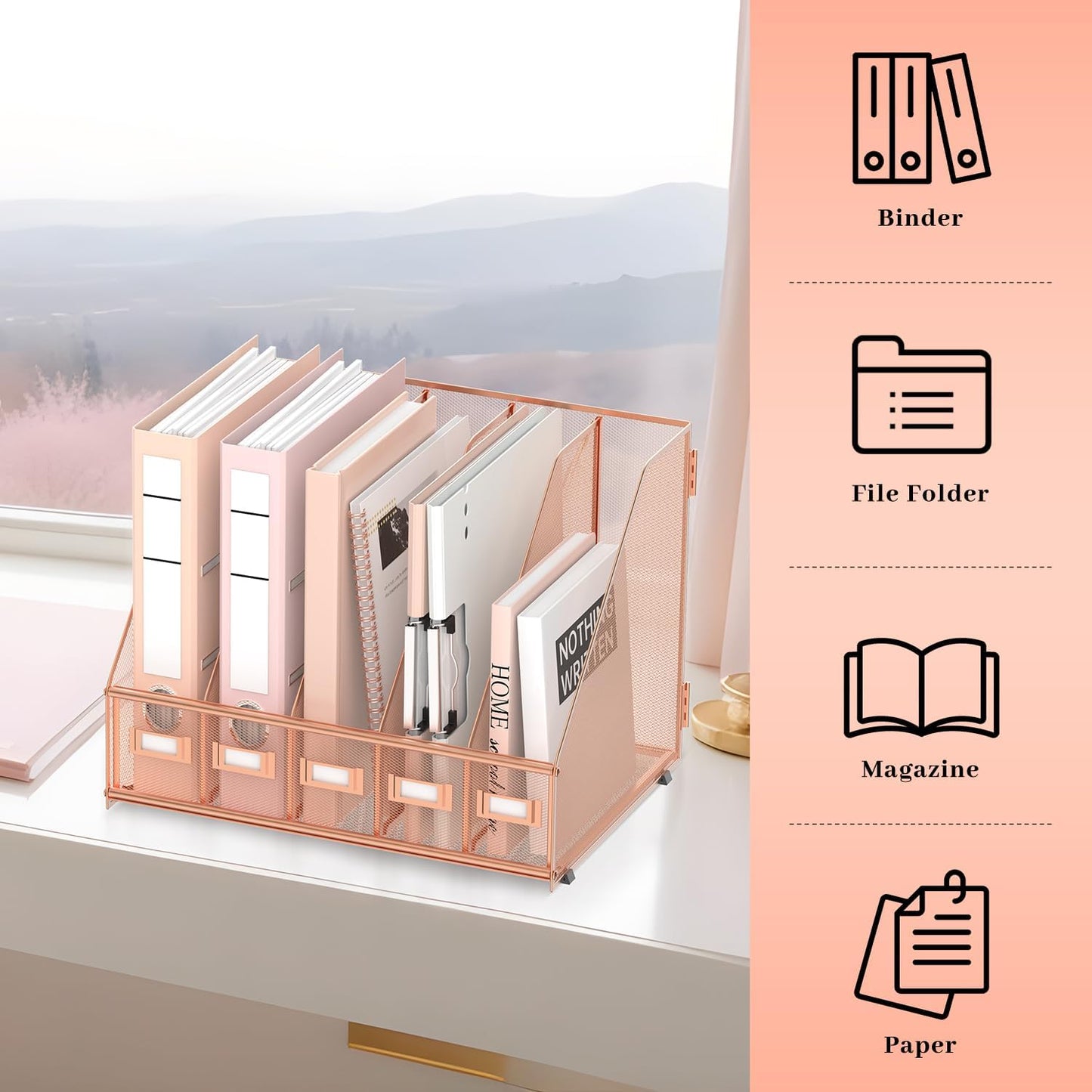SUPEASY Desk Organizers Metal Desk Magazine File Holder with 5 Vertical Compartments Rack File Organizer for Office Desktop, Home Workspace, Rose Gold, Plus