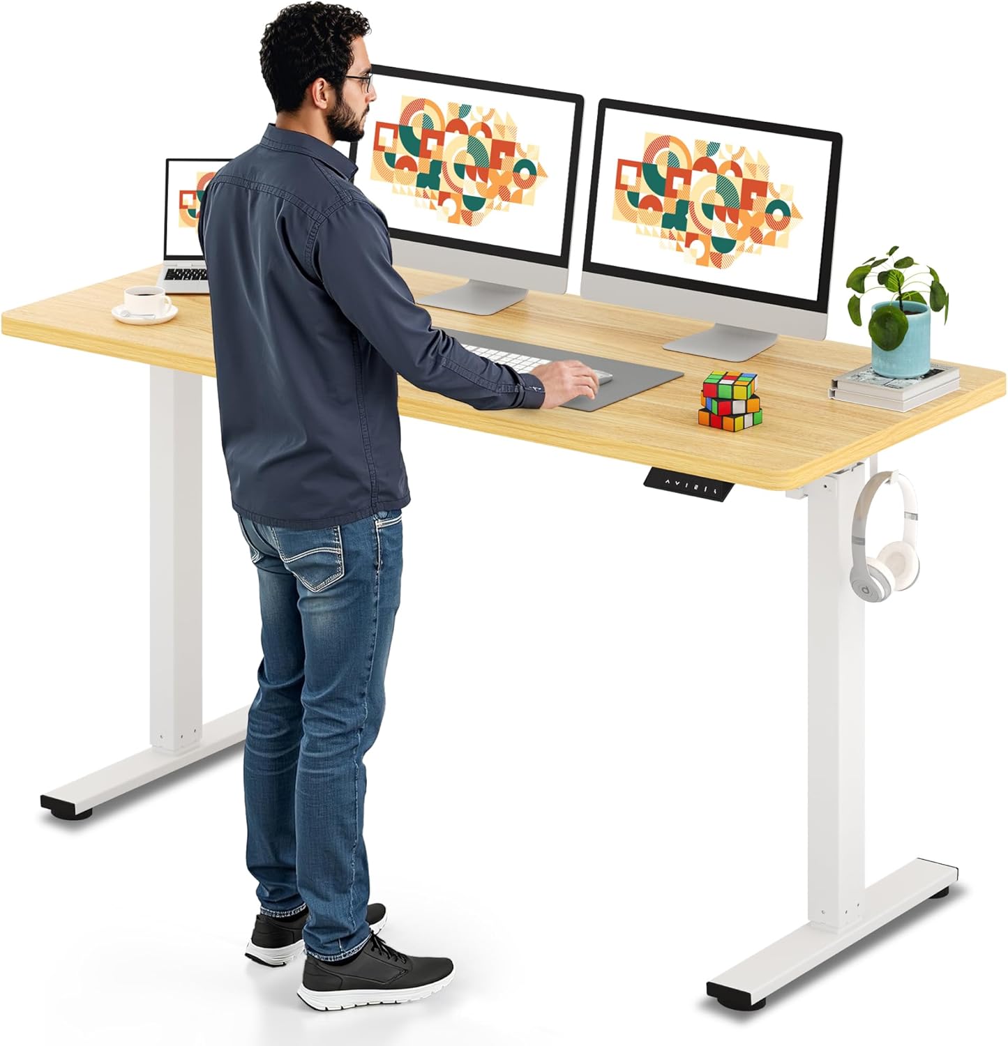 SANODESK Electric Standing Desk 60 x 24 Inches Whole-Piece Desktop Height Adjustable Stand Up Desk w/6-Button Controller Ergonomic Computer Desk for Home Office, White Frame + Natural Tabletop