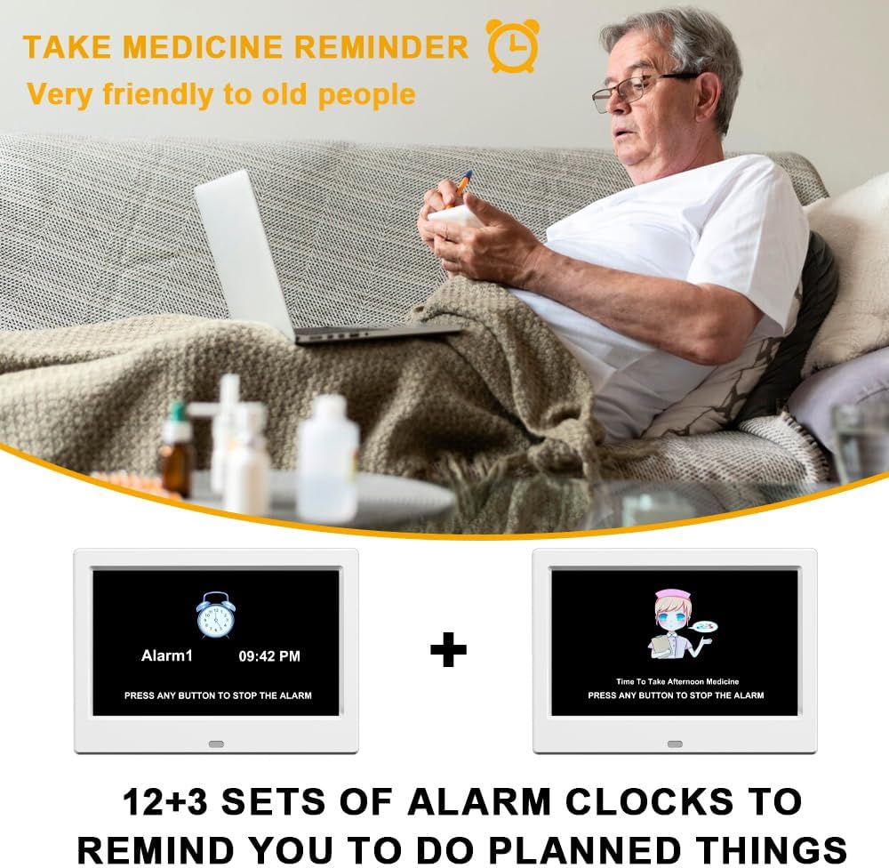Alarm Clock with Day and Date for Elderly Digital Calendar Clock Photo Frame- Auto Dimmable Display 15 Alarm Options (7inch White)