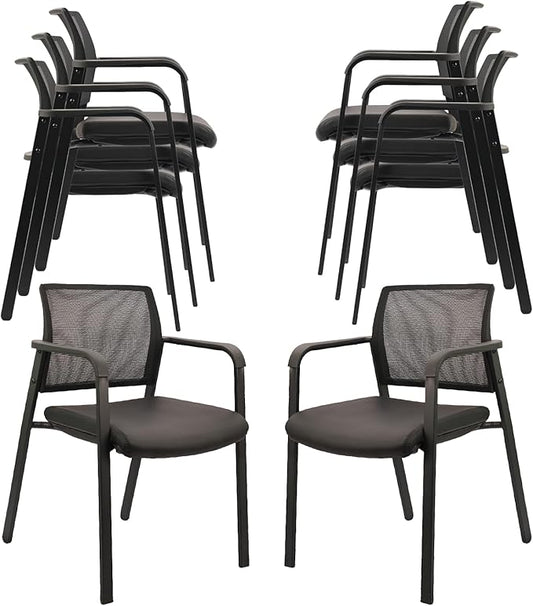 CLATINA Stackable Office Chair, Mesh Back Guest Chairs with Comfortable Leather Seat Arms Stacking Ergonomic Desk Chair No Wheels for Conference Waiting Reception School Stationary, Black, Set of 8