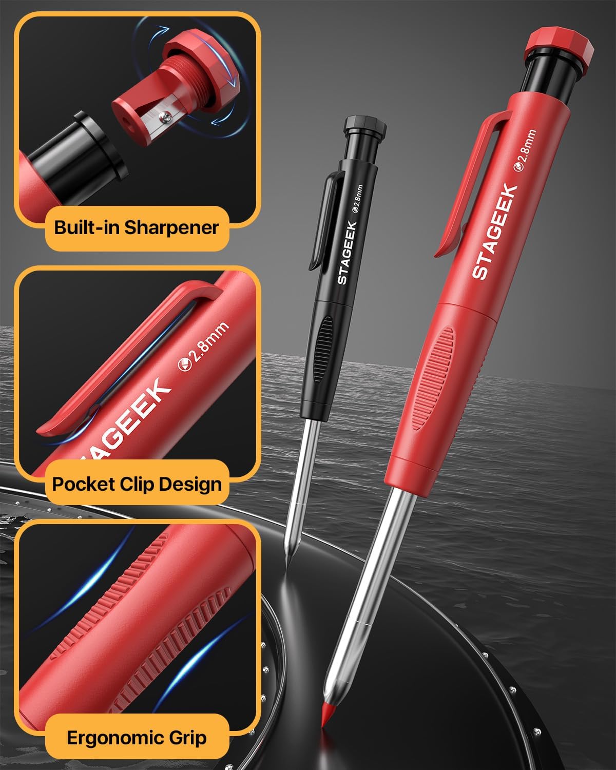 Carpenter Pencils Set with Sharpener, Heavy Duty Woodworking Tools with 13 Refills (Red, Black, Yellow), Construction Pencil and Deep Hole Long Nib Marker Pen for Architect Marking with Case