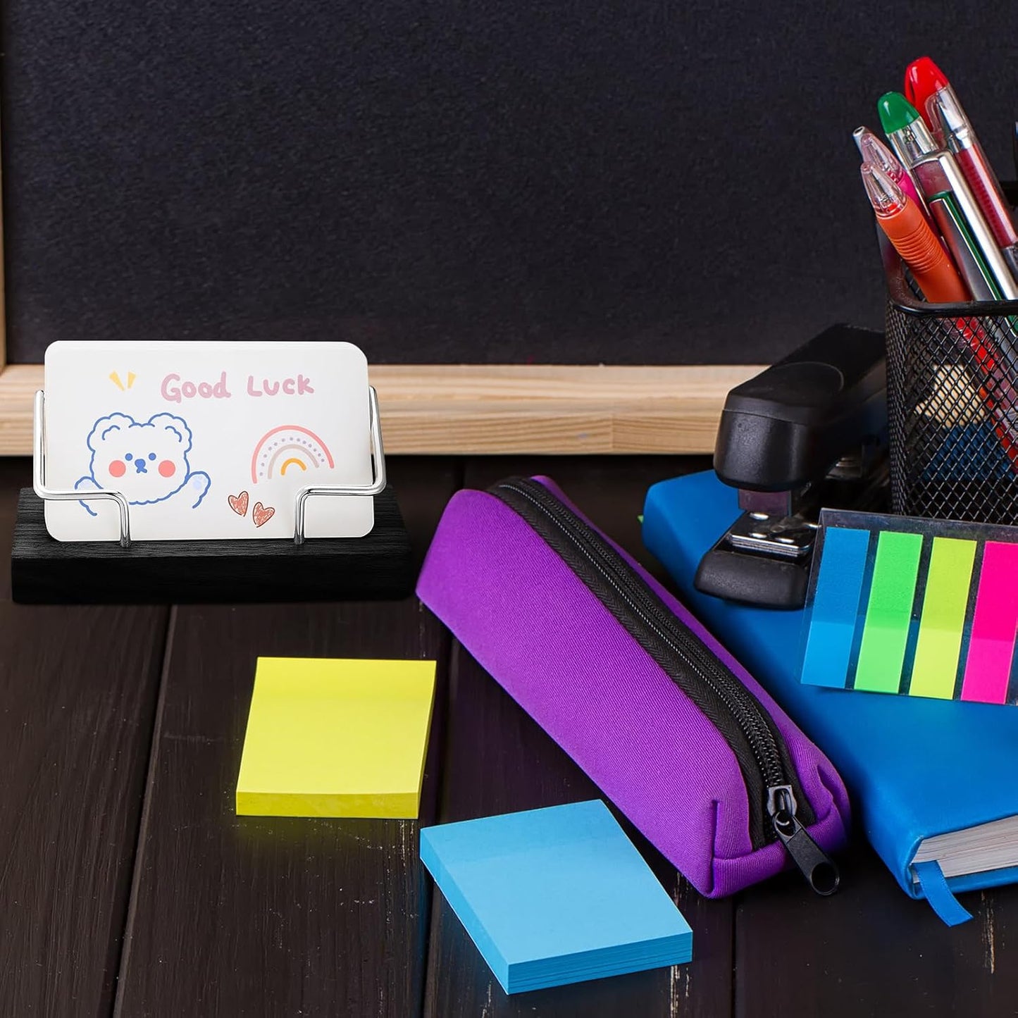 Amyhill 2 Pieces Wood Business Card Holder for Desk Wooden Business Card Display Stand Postcard Holder for Office Home Desktop (Black, Silver)