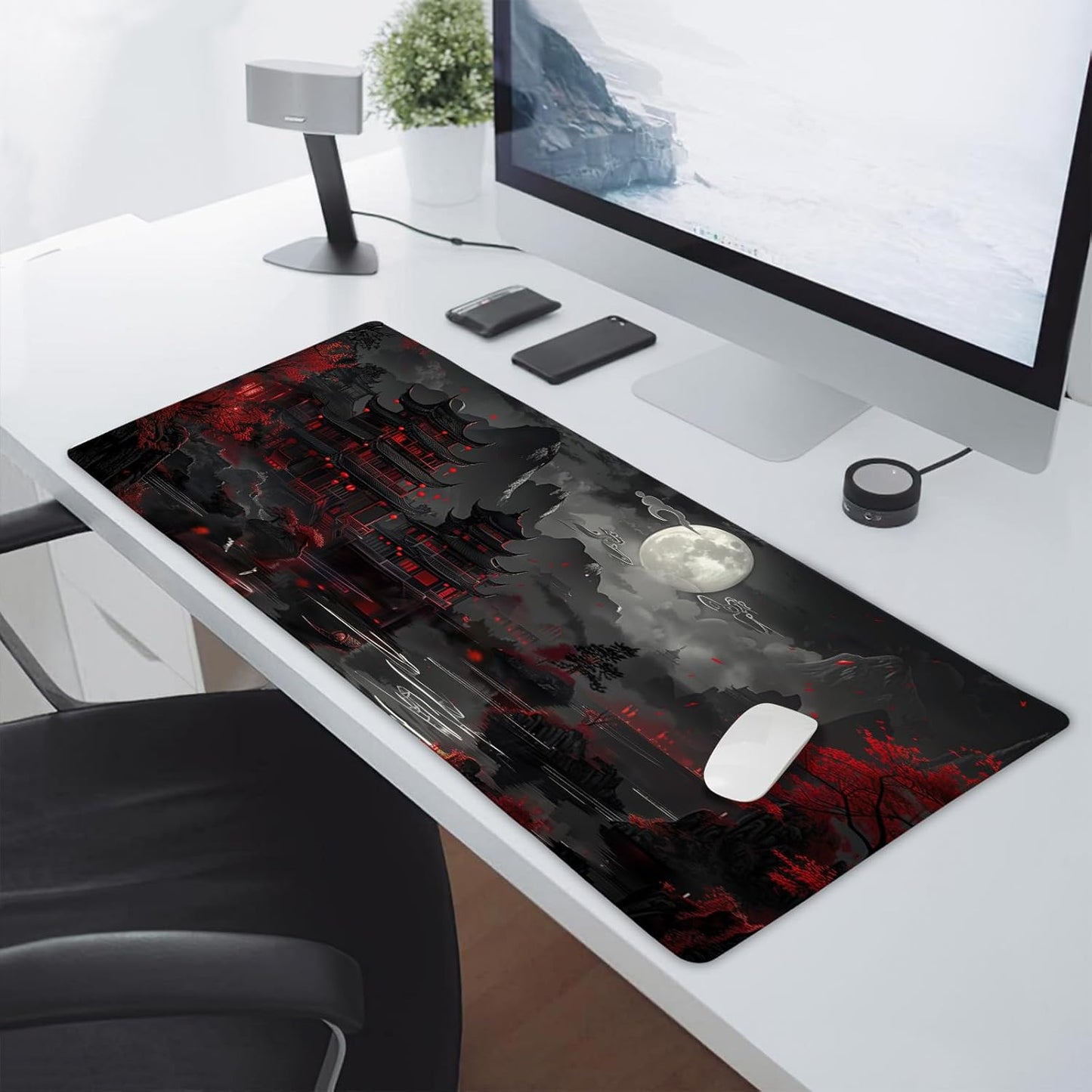 Full Moon Night Gaming Mouse Pad XXL Black Red Mountain Japanese Extended Large Mat Mousepad Desk Pad Non-Slip Rubber Base Stitched Edge Keyboard Pad Playmat for Computer,35.4×15.7 Inch